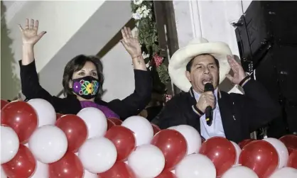  ?? Photograph: EPA ?? Pedro Castillo and vice-president elect Dina Boluarte celebrate after their election win was confirmed.