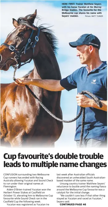  ?? Picture: MATT TURNER ?? HERE FIRST: Trainer Matthew Seyers with his horse Yucatan at his Murray Bridge Stables. The favourite for the Melbourne cup shares his name with Seyers’ maiden.