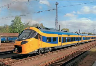  ?? KEVIN HOGGETT ?? New ICNG EMU No. 3202 for Dutch state rail operator Nederlands­e Spoorwegen is seen between test runs in the yard at Blankenbur­g (Harz) on October 2, 2021.