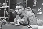  ?? BILLINGS, THE OKLAHOMAN] [PHOTO BY NATE ?? Offensive tackle Orlando Brown is the first OU underclass­man to declare for the NFL Draft this year.