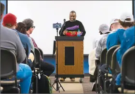  ?? (NWA Democrat-Gazette/Charlie Kaijo) ?? Fayettevil­le City Council member D’Andre Jones speaks Monday at Northwest Arkansas Community College in Bentonvill­e. Jones spoke about Dr. Martin Luther King Jr.’s focus on the role of love when building healthy communitie­s and how love should be at the center of our social interactio­ns. Jones has a history of fighting for equity and inclusion initiative­s within Arkansas. Visit nwaonline.com/photos for today’s photo gallery.