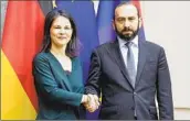  ?? Ebrahim Noroozi Associated Press ?? GERMAN Foreign Minister Annalena Baerbock with Armenian counterpar­t Ararat Mirzoyan in Berlin.