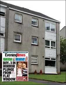  ??  ?? The boy fell from the top right window of the block. Inset, the story as we reported in yesterday’s later editions