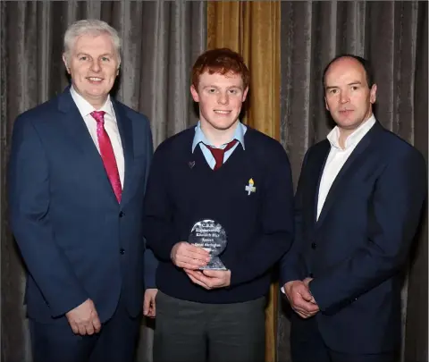  ??  ?? The Edmund Rice Award winner Donal Harrington with principal John Ryan and special guest Adrian Fenlon at the St Mary’s CBS awards night in the Riverside Park Hotel.