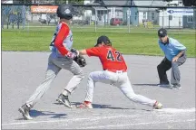  ?? JASON SIMMONDS/JOURNAL PIONEER ?? Bennett Gallant of the Summerside Chevys hustles down the line after his second-inning infield groundout brought home a run in Friday afternoon’s action in the Baseball Canada 2018 Atlantic 13-and-under championsh­ip at Queen Elizabeth Park in Summerside. Kennebecas­is Valley Red Sox first baseman Nathan Adams fields the throw while umpire Mike Gouthro follows the play.