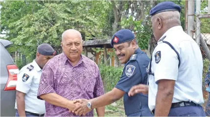  ?? Photo: Shratika Singh ?? Minister for Defence and National Security Ratu Inoke Kubuabola shakes hands with Fiji Police Force director of planning Senior Superinten­dent of Police Aporosa Lutunauga during the Labasa National Crime Board Symposium in Labasa on October 30, 2017.
