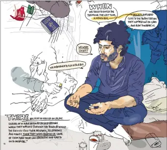 ??  ?? A detail from a page of Olivier Kugler’s showing a Syrian refugee in the Calais Jungle camp in France