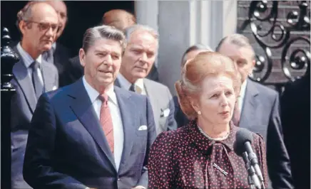  ?? Photos: GETTY IMAGES ?? British prime minister Margaret Thatcher, American president Ronald Reagan, left, and US secretary of state Alexander Haig, centre, outside No 10 Downing Street during Reagan’s state visit to London in June 1982. Reagan’s attempts at diplomacy were rejected by Thatcher.