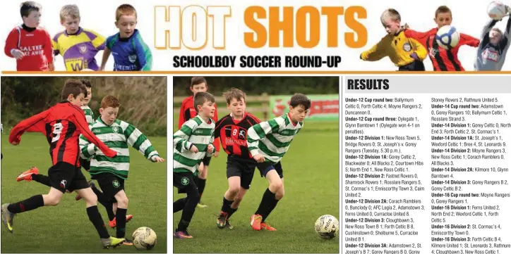  ??  ?? Cormac Ryan (Gorey Rangers) and Dara Kelly (Gorey Celtic) battle it out during Saturday’s local derby. Neil O’Shaughness­y of Gorey Rangers is outnumbere­d by Gorey Celtic duo George Tutty and Ben Rothwell.