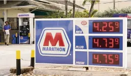  ?? MARTA LAVANDIER AP ?? Gasoline price for a gallon of regular at a Marathon station in Miami Beach in November was $4.25. In January 2021, the average price per gallon in South Florida was $2.40. One year into President Joe Biden’s term, the price per gallon averages about $3.27, according to the American Automobile Associatio­n.