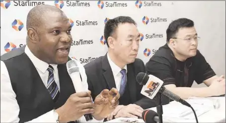  ??  ?? L-R: Director, Brand and Marketing, Startimes Nigeria, Mr. Qasim Elegbede; Chief Executive Officer, Mr. David Zhang; and Vice President, Commercial, Mr. Eric Wang, during the first CEO Media breakfast meeting of the company, in Lagos…yesterday