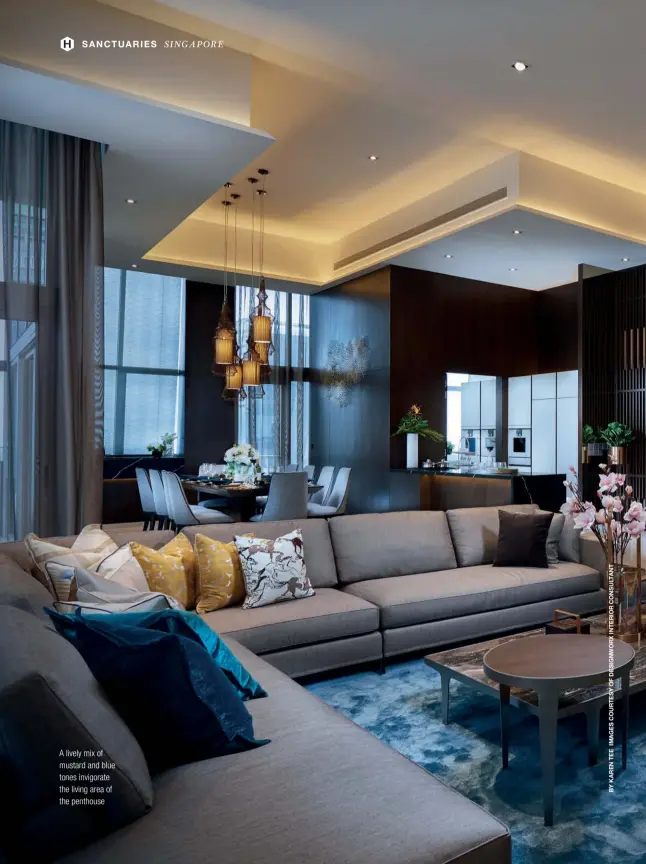  ??  ?? A lively mix of mustard and blue tones invigorate the living area of the penthouse