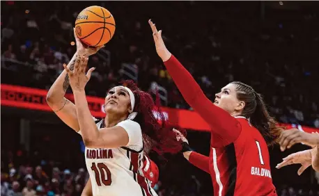  ?? Morry Gash/Associated Press ?? Stars like South Carolina’s Kamilla Cardoso (10) have helped viewership of the Women’s NCAA Tournament skyrocket this year.