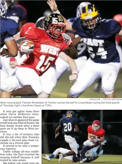  ?? JOHN BLAINE — FOR THE TRENTONIAN ?? West running back Thomeir Richardson of Trenton carries the ball for a touchdown during the third quarter of Thursday night’s Sunshine Classic at TCNJ.