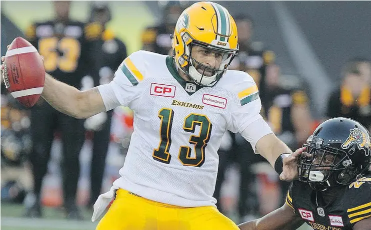  ?? — CP FILES ?? Eskimos quarterbac­k Mike Reilly has the CFL’s best efficiency rating, completing 72.1 per cent of his passes for 1,216 yards, seven touchdowns and no intercepti­ons.