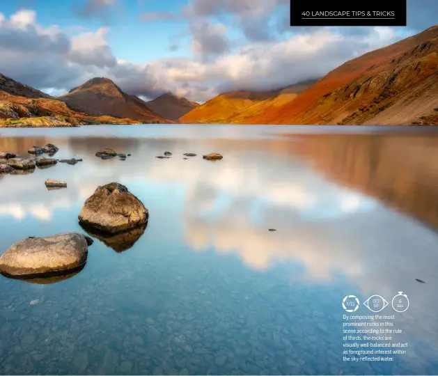  ?? ?? By composing the most prominent rocks in this scene according to the rule of thirds, the rocks are visually well-balanced and act as foreground interest within the sky-reflected water.