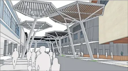  ??  ?? A series of shade structures that will light up at night are proposed as part of the “4th Street Experience” to be built between the future Oklahoma City Convention Center and the 17-story Omni Hotel. [PROVIDED]