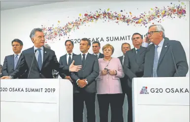  ?? CEDOC PERFIL ?? OSAKA. Mauricio Macri en el G20 de Japón con Emmanuel Macron, Angela Merkel y Jair Bolsonaro.