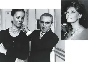  ??  ?? above, from left: Pierre Arpels, Estelle Arpels’ nephew, who joined the maison at the end of WWII, pictured with French actress and former Bond girl Claudine Augier. Sophia Loren wearing Van Cleef & Arpels jewellery at the 1966 Cannes Film Festival.