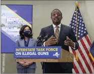  ?? MIKE GROLL/OFFICE OF GOVERNOR KATHY HOCHUL ?? Lt. Governor Brian Benjamin delivers remarks at the first meeting of the Interstate Task Force on Illegal Guns in East Greenbush.