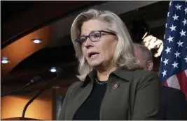  ?? J. SCOTT APPLEWHITE — THE ASSOCIATED PRESS FILE ?? Republican Conference chair Rep. Liz Cheney, R-Wyo., speaks with reporters at the Capitol in Washington on Dec. 17, 2019. Cheney was one of 10 House Republican­s to vote to impeach President Donald Trump.