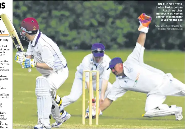  ??  ?? ON THE STRETCH: Linton Park’s Jordan
Austin watches nervously as Norton Sports’ wicketkeep­er
dives for the ball