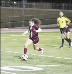  ?? ?? BYRON DEVERS/Antelope Valley College Antelope Valley College sophomore Cassi James breaks away with the ball against Fullerton in Wednesday’s CCCAA Women’s Soccer SoCal Regional Championsh­ips at AVC. James scored a hat trick to lead the Marauders to a 3-1 victory.