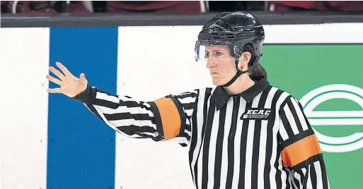  ?? RICHARD T GAGNON GETTY IMAGES ?? Katie Guay became the first woman to officiate in Division I men’s college hockey in the U.S. She was recruited by former NHL player and referee Paul Stewart.