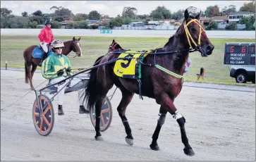  ?? Picture: MARK PERVICAL, Stawell Harness Racing Club ?? VICTORY: Double Helix and driver Jackie Barker await the all-clear from the stewards after their Anzac Day victory at Stawell for owners Phillip and Tammy Giles.