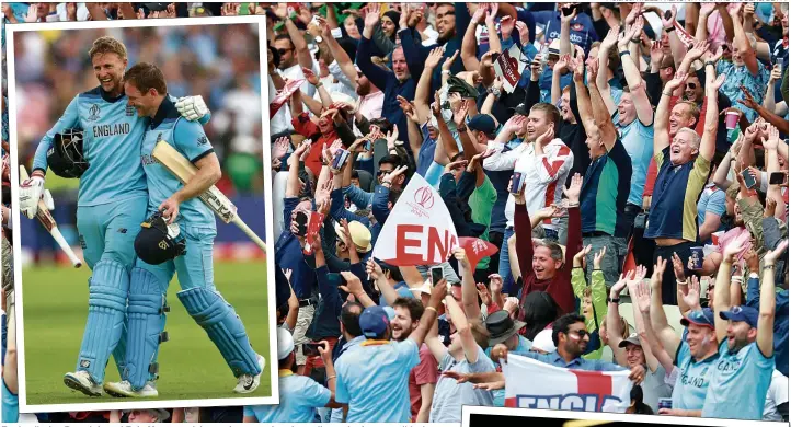  ?? Pictures: NIGEL FRENCH/PA & DAVID ROGERS/GETTY ?? England’s Joe Root, left, and Eoin Morgan celebrate victory against Australia, as the fans go wild, above