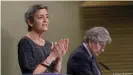  ??  ?? EU's Margrethe Vestager (left) has shown willingnes­s to crack down on big tech groups in the past