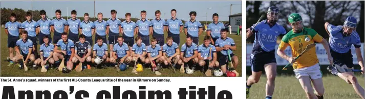  ??  ?? The St. Anne’s squad, winners of the first All-County League title of the year in Kilmore on Sunday. Adrian Murphy of St. Fintan’s soloing out of defence.