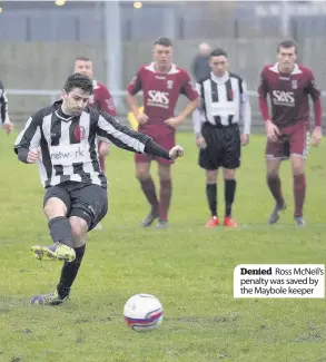  ??  ?? Denied Ross McNeil’s penalty was saved by the Maybole keeper