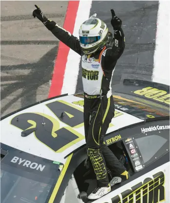  ?? CHRIS GRAYTHEN/GETTY ?? William Byron celebrates after winning Sunday’s NASCAR Cup race at Las Vegas Motor Speedway.