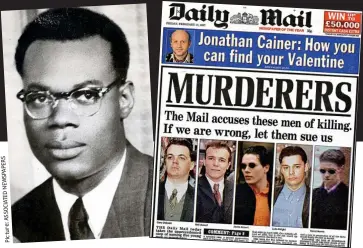  ?? Picture:ASSOCIATED­NEWSPAPERS ?? Tragic comparison: Kelso Cochrane (left) and the Mail’s Stephen Lawrence front page