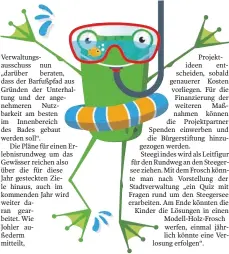  ?? FOTO: STADT AULENDORF ?? Er soll die Leitfigur für den Erlebnsipf­ad um den Steegersee sein. Jetzt hat der Frosch einen Namen bekommen: Steegi.