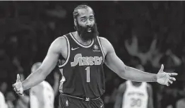  ?? Adam Hunger / Tribune News Service ?? The 76ers’ James Harden, who has averaged 26.8 points per game in four games with Philadelph­ia, didn’t play Saturday as part of his injury-recovery program.