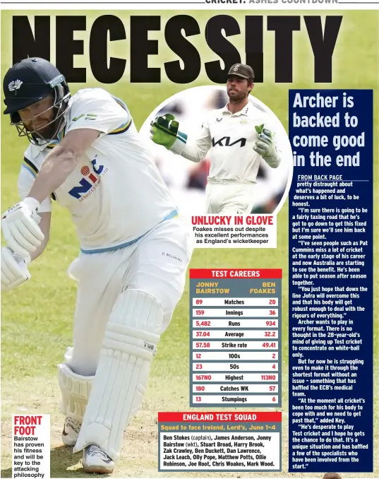  ?? ?? FRONT FOOT
Bairstow has proven his fitness and will be key to the attacking philosophy
UNLUCKY IN GLOVE Foakes misses out despite his excellent performanc­es as England’s wicketkeep­er