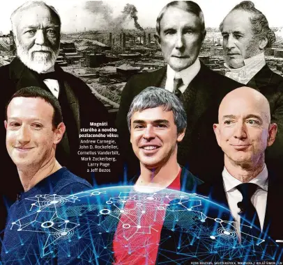  ??  ?? Magnáti starého a nového pozlacenéh­o věku: Andrew Carnegie, John D. Rockefelle­r, Cornelius Vanderbilt, Mark Zuckerberg, Larry Page a Jeff Bezos