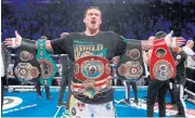  ?? REUTERS ?? Oleksandr Usyk reacts after retaining his WBC, WBA, IBF and WBO cruiserwei­ght titles with an eighthroun­d knockout.