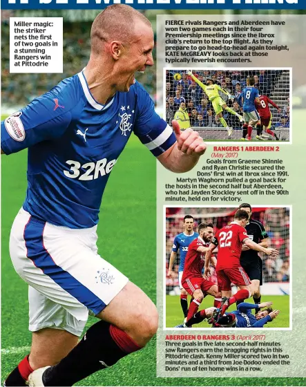  ??  ?? Miller magic: the striker nets the first of two goals in a stunning Rangers win at Pittodrie (May 2017) Goals from Graeme Shinnie and Ryan Christie secured the Dons’ first win at Ibrox since 1991. Martyn Waghorn pulled a goal back for the hosts in the...