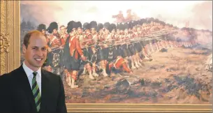  ??  ?? Prince William at the regimental museum in Stirling with the famous painting, The Thin Red Line, which depicts the heroics of Argyll and Sutherland Highlander­s at the Battle of Balaclava in 1854.