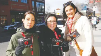  ?? DARREN MAKOWICHUK ?? From left, Steph Colangeli, Frances Donohue and Rummy Rendina of advocacy group Pin Up Girl were out informing the public for safer streets at Tomkins Park on Sunday.
