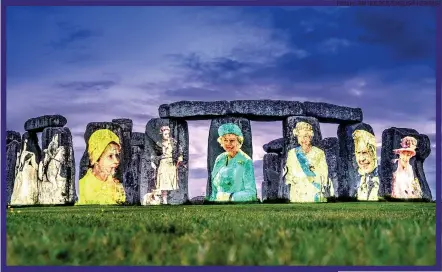  ?? Picture: JIM HOLDEN/ENGLISH HERITAGE ?? WHAT AN inspired way English Heritage cooked up to mark the Platinum Jubilee. Using one pillar of this nation’s durability, history and tradition in Stonehenge, they projected images of another notable pillar, the Queen, across some of the ancient stones.
The result was a delightful look back through the remarkable service this equally remarkable woman has given – and full credit to whoever chose each individual picture: every one capturing the mood of the decade in question and more often than not showing her genuinely enjoying herself.
A “monumental” triumph for all concerned.