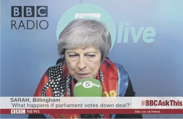  ??  ?? Theresa May, who took part in a radio phone-in on the BBC yesterday on the Brexit agreement, said that Britain would not get a better deal if Parliament rejected the plan