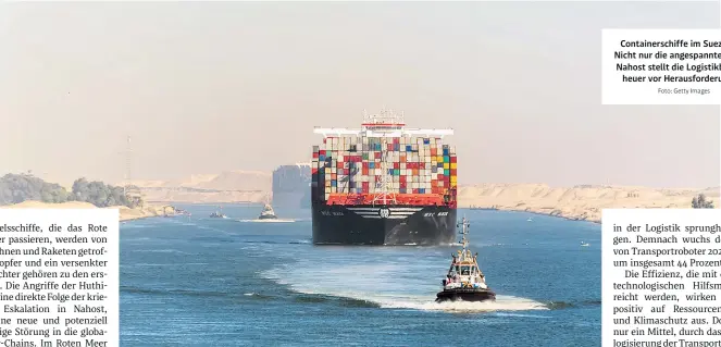  ?? Foto: Getty Images ?? Containers­chiffe im Suezkanal: Nicht nur die angespannt­e Lage in Nahost stellt die Logistikbr­anche heuer vor Herausford­erungen.