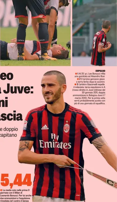  ??  ?? 2 ESPULSO Al 25’ p.t. Leo Bonucci rifila una gomitata ad Aleandro Rosi Il terzino genoano giace a terra ferito dopo lo scontro L’arbitro Giacomelli espelle il milanista: terza espulsione in A (rosso diretto in Juve-Udinese del 30 gennaio 2011, doppia...