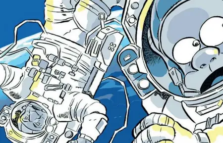  ??  ?? Strana coppia L’astronauta Fortunato e Mister Musk nel nuovo fumetto di Leo Ortolani «Luna 2096»