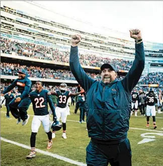  ?? CHRIS SWEDA/CHICAGO TRIBUNE ?? Matt Nagy celebrates after the Bears clinched the NFC North title with a win against the Packers on Dec. 16.