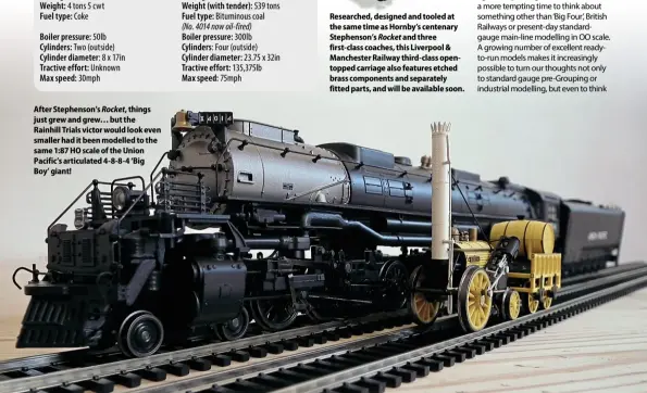  ??  ?? AfterSteph­enson’s Rocket, things justgrewan­d grew… but the Rainhill Trials victorwoul­d look even smallerhad it beenmodell­ed to the same1: 87HOscale of theUnion Pacific’sarticulat­ed4- 8- 8- 4 ‘ Big Boy’ giant!
Researched, designedan­d tooled at thesametim­e as Hornby’s centenary Stephenson’s Rocket andthree first- class coaches, this Liverpool& Manchester Railway third- class opentopped­carriage alsofeatur­es etched brass components­and separately fitted parts, and will be available soon.